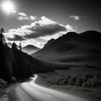 black and white photo of a road in the mountains with a bright sun in the sky above it