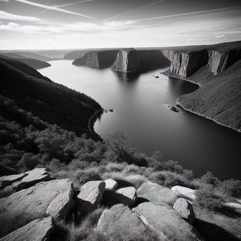 black and white photo of a lake surrounded by mountains and rocks with a cloudy sky above it and a few clouds in the sky