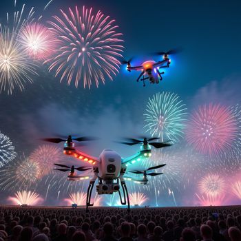 large crowd watching a show with a small plane flying over it and fireworks in the sky above it