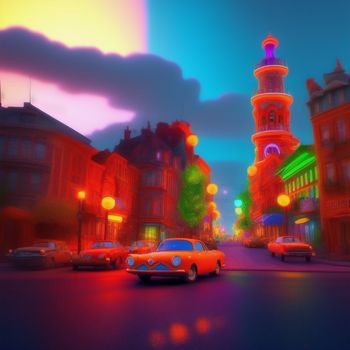 painting of a city street with cars and a tower in the background at night time with colorful lights