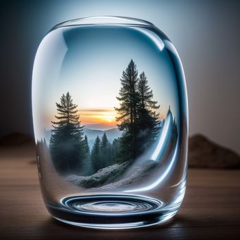 glass vase with a sunset in the background and trees in the foreground