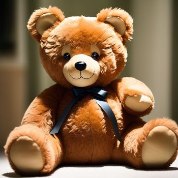 brown teddy bear with a black bow tie sitting on a table top with a white background and a light colored wall