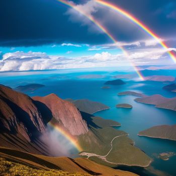 rainbow is seen over a mountain range and a lake in the distance with a rainbow in the sky