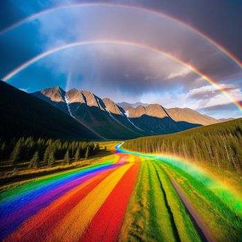 rainbow colored road with mountains in the background and a rainbow colored road in the foreground with a rainbow colored road in the middle