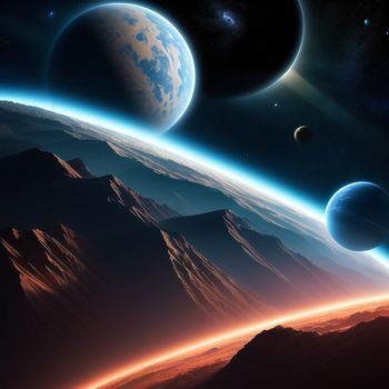 group of planets in the sky with mountains and a mountain range in the background with a bright blue sky