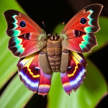 colorful butterfly with a black background and a green leaf behind it