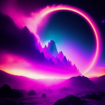 painting of a purple and blue sky with a pink ring in the middle of it and mountains in the background