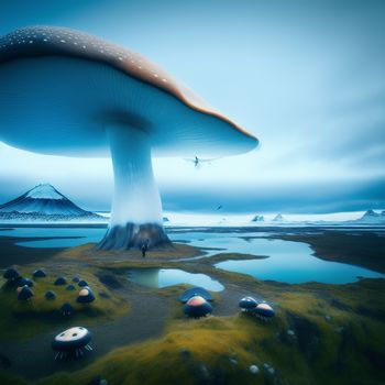 large mushroom with a person standing on top of it in the middle of a field with a lake