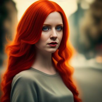 woman with red hair and blue eyes is looking at the camera with a serious look on her face