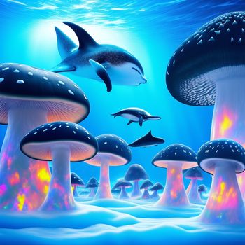 group of dolphins swimming in a blue ocean surrounded by mushrooms and mushrooms on a blue background with a dolphin swimming in the water