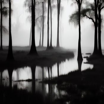 black and white photo of a swamp with trees in the fog and water reflecting the water and the grass