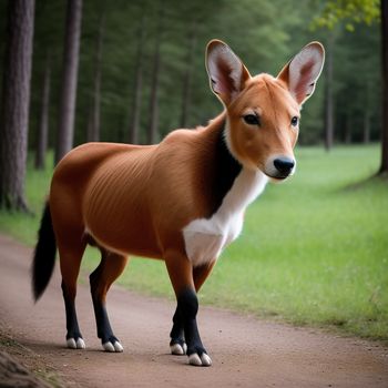 small brown and white animal standing on a dirt road in a forest area with trees in the background