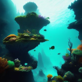 underwater scene of a coral reef with fish and algaes and a blue sky background with sunlight coming through the water