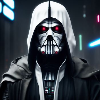 darth vader character in a dark background with red eyes and a hood on