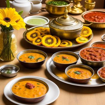 table topped with bowls of food and a vase of flowers on top of a table covered in food