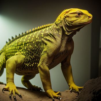 yellow and black lizard on a rock in a room with a light on it's side and a wall behind it