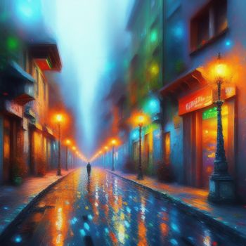 painting of a city street at night with a person walking down the street in the rain with an umbrella