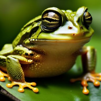 frog with a large black eye sitting on a leaf with orange legs and a green body with a black nose and black eyes