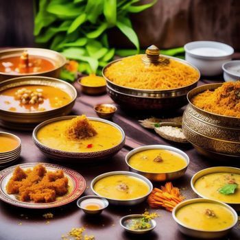 table topped with bowls of food and bowls of soups on top of it's sides and a plate of food on the side