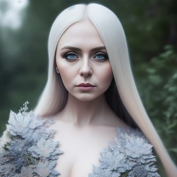 woman with long white hair and blue eyes is wearing a dress with flowers on it and a tree in the background