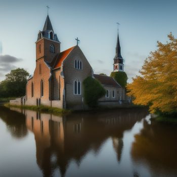 church with a red roof and a lake in front of it and trees around it with yellow leaves