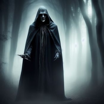 man in a hooded costume standing in a dark forest with a knife in his hand and a skull in his hand