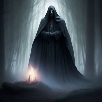 man in a hooded cloak standing in a forest with a candle in his hand and a foggy background