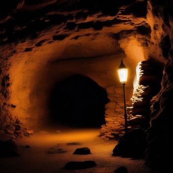 light is lit in a dark cave with a light on the side of it and a stone wall