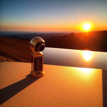 trophy sitting on top of a table next to a sunset over a mountain range with a lake in the background