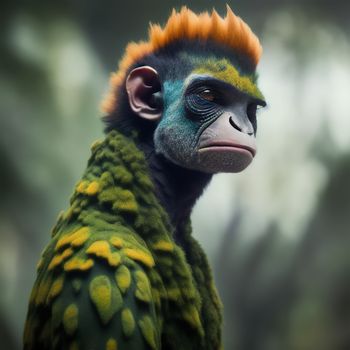monkey with orange hair and a green jacket on it's head and neck