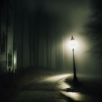 street light in the middle of a foggy street at night with a house in the background and a light on the corner