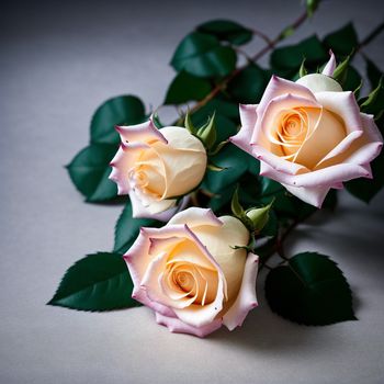 three white roses with green leaves on a table top with a gray background and a black background with a white background