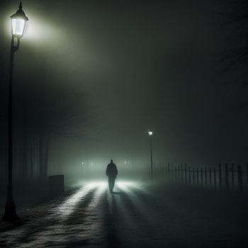 person walking down a street at night in the fog with a street light on the side of the road