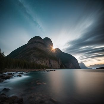 mountain with a body of water in front of it and a sun shining through the clouds above it