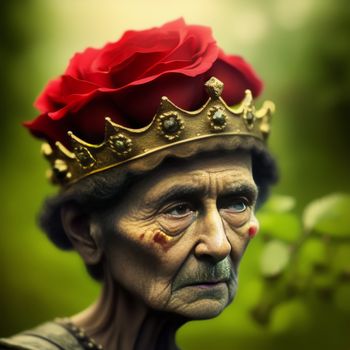 man with a crown on his head and a rose on his forehead