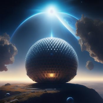 futuristic building with a sky background and a planet in the background with clouds and sun shining through the sky