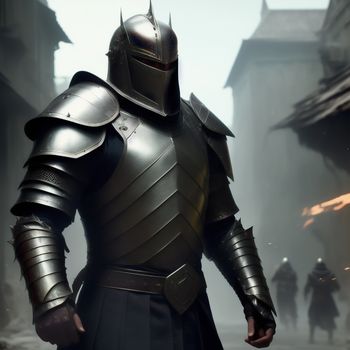 man in a knight suit standing in a street with a sword in his hand and a helmet on