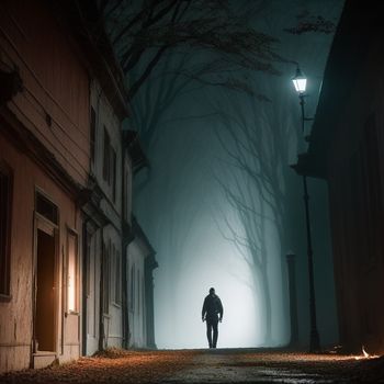 man walking down a street in the dark with a street light on the side of the road and trees on the side