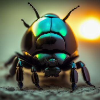 close up of a beetle on a surface with the sun in the background and a blurry background