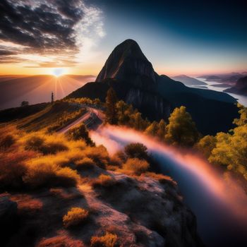 mountain with a road going through it at sunset with a fog coming off the ground and a sun setting in the distance