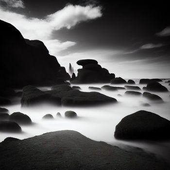 black and white photo of rocks in the water and clouds in the sky above them