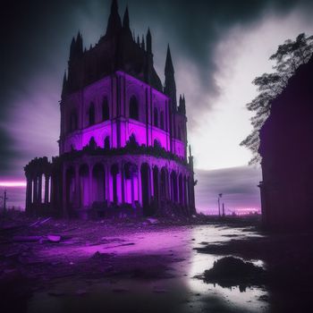 very old building with a purple light on it's side and a tree in the background with a purple light on it