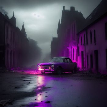 car parked in a street with a purple light on it's side and a building in the background