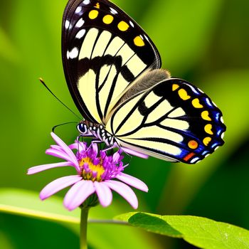 butterfly sitting on a flower with a green background and yellow spots on its wings and wings are spread