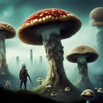 man standing in front of a group of mushrooms in a forest with a city in the background and a dark sky