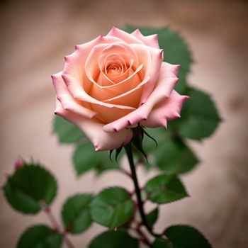 single pink rose with green leaves on a table top with a brown background and a white background with a black border