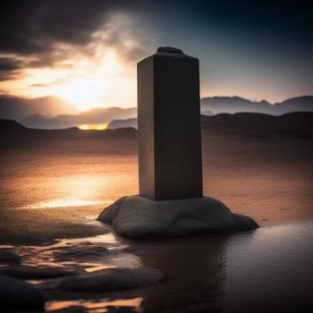 stone monument sitting on top of a sandy beach next to the ocean at sunset or dawn with a cloudy sky