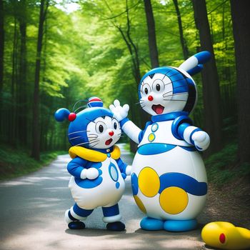 couple of cartoon characters standing on a road in the woods with trees in the background and a yellow rubber toy