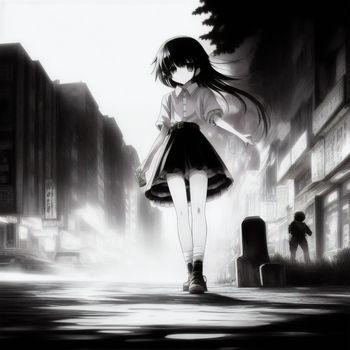 girl in a short skirt and a white shirt is standing on a street corner in the rain with her hair blowing in the wind
