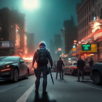 man with a gun walking down a street at night in a city with traffic and pedestrians on the street